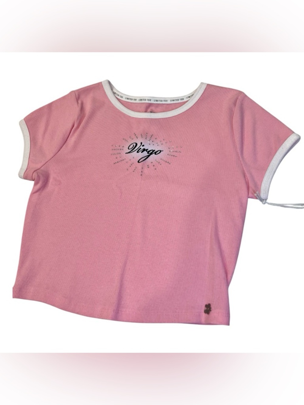 Limited Too Ribbed Virgo Short-Sleeve Crop Tee Pink with White Trim NWT
